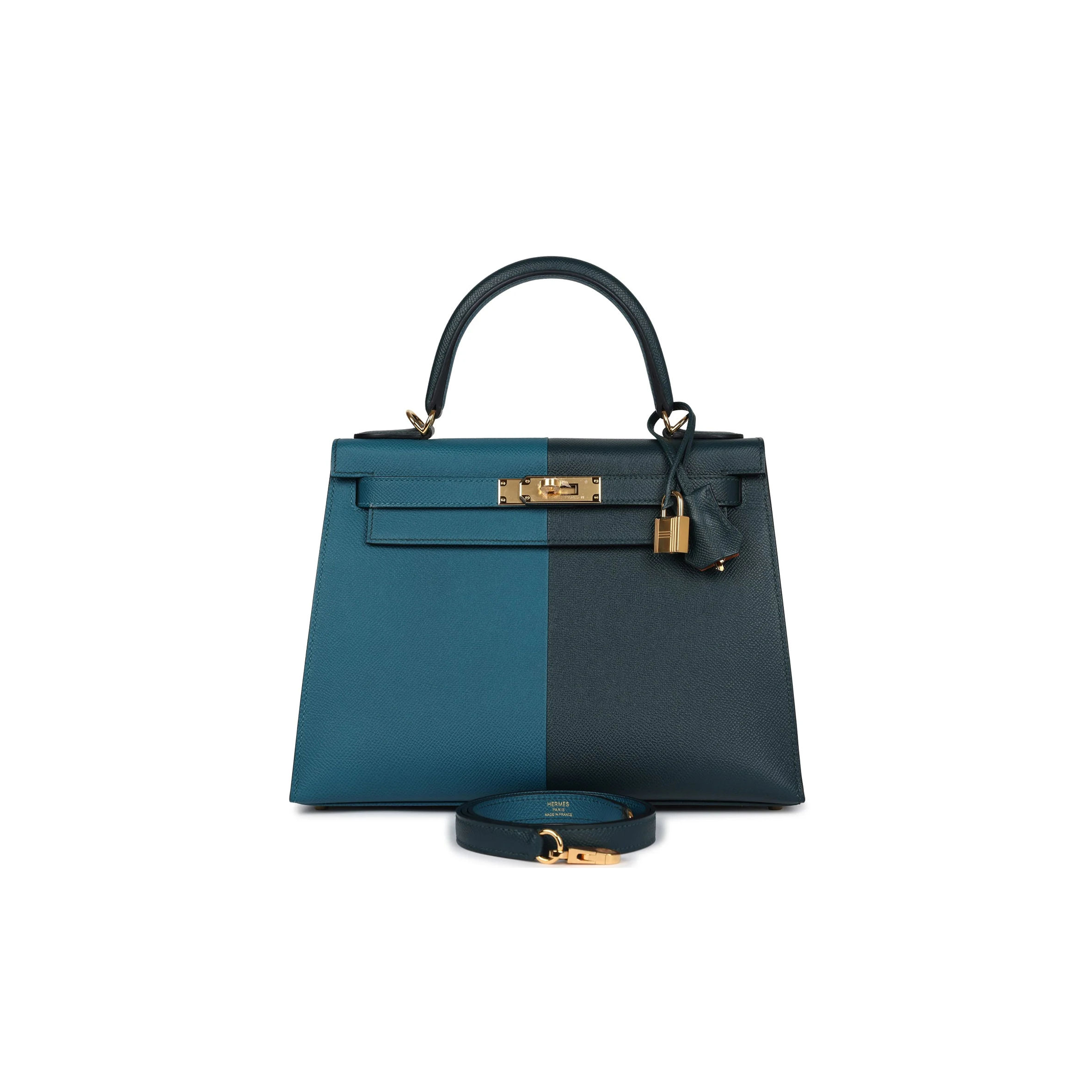 HERMÈS MASTER KELLY SELLIER 28 CASAQUE VERT CYPRES AND VERT BOSPHORE EPSOM GOLD HARDWARE (28*22*10cm)
